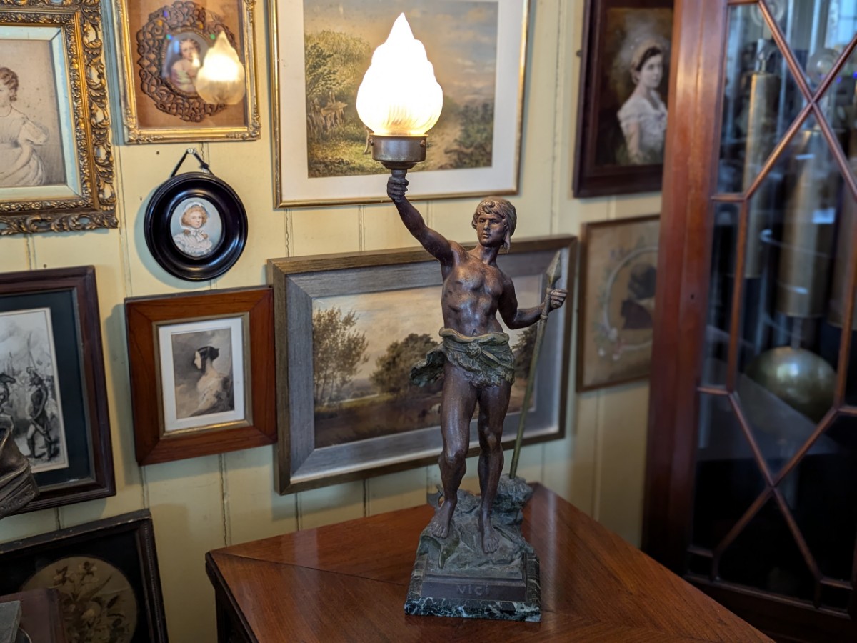 Art Deco Spelter Style Patinated Figure With Globe Lamp